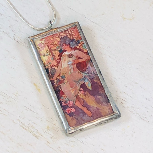 Handmade Reversible Glass and Silver Soldered Charm Pendant Necklace - 1"x 2" - Golden Girl