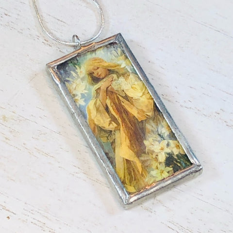 Handmade Reversible Glass and Silver Soldered Charm Pendant Necklace - 1"x 2" - Girl with Lilies - Jenn Ross Designs