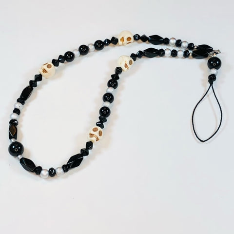 Handmade Beaded Mobile Phone Strap Charm - Black and Silver Beads with White Skulls - jennrossdesigns.com