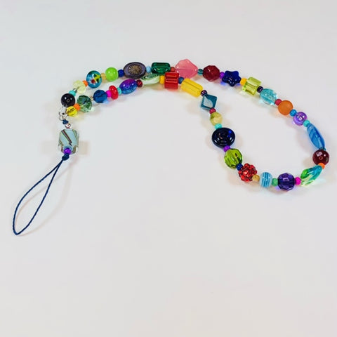 Handmade Beaded Mobile Phone Strap Charm - Multicolored Beads with Blue Furnace Glass - jennrossdesigns.com