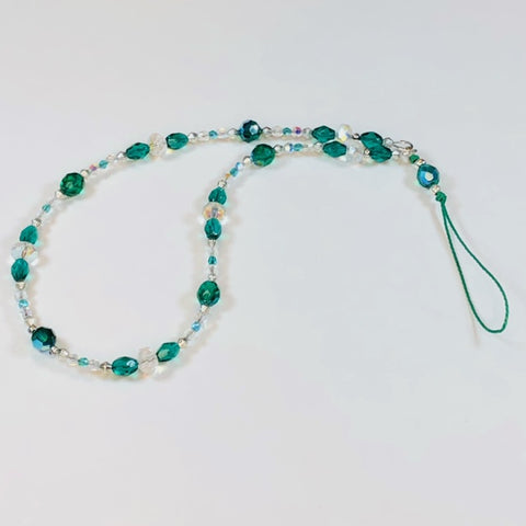Handmade Beaded Mobile Phone Strap Charm - Green and White Faceted Crystals and Glass Beads - jennrossdesigns.com