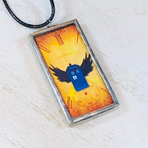 Handmade Reversible Glass and Silver Soldered Charm Pendant Necklace - 1"x 2" - Flying TARDIS - jennrossdesigns.com