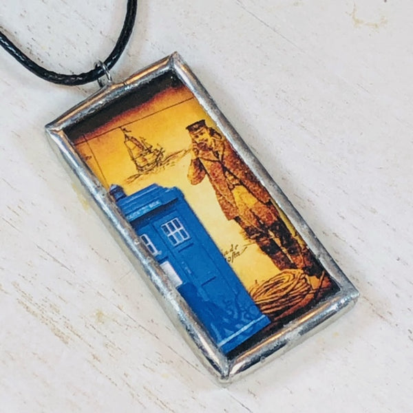 Handmade Reversible Glass and Silver Soldered Charm Pendant Necklace - 1"x 2" - Flying TARDIS