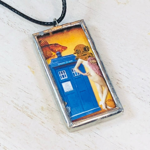 Handmade Reversible Glass and Silver Soldered Charm Pendant Necklace - 1"x 2" - TARDIS Collage - jennrossdesigns.com