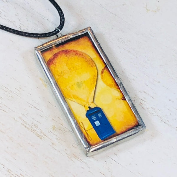 Handmade Reversible Glass and Silver Soldered Charm Pendant Necklace - 1"x 2" - TARDIS Collage