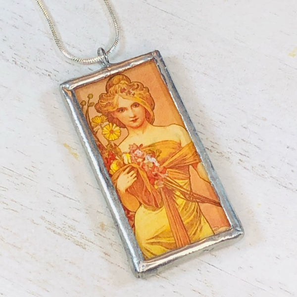 Handmade Reversible Glass and Silver Soldered Charm Pendant Necklace - 1"x 2" - Golden Girl - Jenn Ross Designs