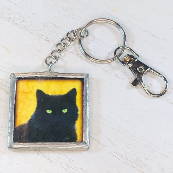 Handmade Glass and Silver Soldered Reversible Keychain - Lead Free Pewter Finish - Black Cat with Butterfly