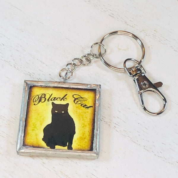 Handmade Glass and Silver Soldered Reversible Keychain - Lead Free Pewter Finish - Peekaboo Kitty