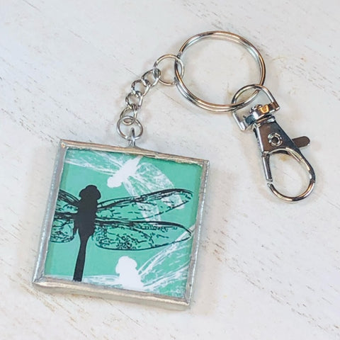Handmade Glass and Silver Soldered Reversible Keychain - Lead Free Pewter Finish - Black and White Dragonflies - jennrossdesigns.com