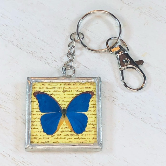 Handmade Glass and Silver Soldered Reversible Keychain - Lead Free Pewter Finish - Blue Butterfly - jennrossdesigns.com