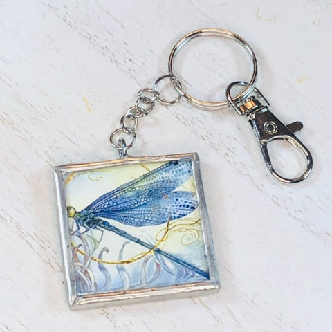 Handmade Glass and Silver Soldered Reversible Keychain - Lead Free Pewter Finish - Blue Dragonfly - jennrossdesigns.com