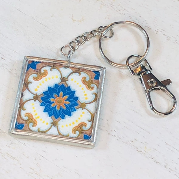 Handmade Glass and Silver Soldered Reversible Keychain - Lead Free Pewter Finish - Art Nouveau Tiles