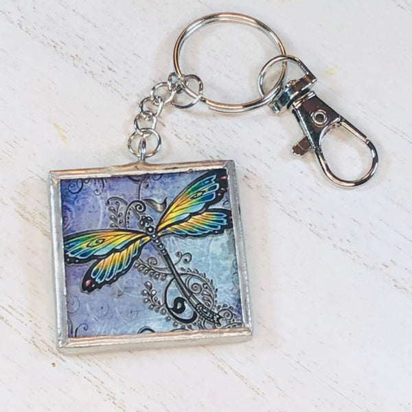 Handmade Glass and Silver Soldered Reversible Keychain - Lead Free Pewter Finish  - Blue Dragonfly