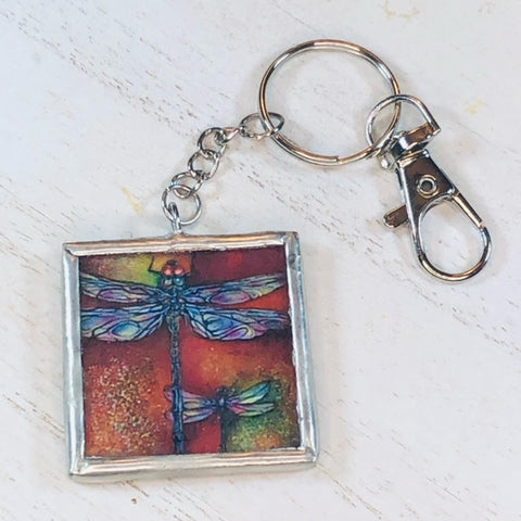Handmade Glass and Silver Soldered Reversible Keychain - Lead Free Pewter Finish - Pretty Dragonflies - jennrossdesigns.com