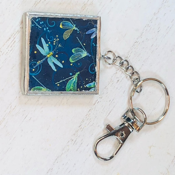 Handmade Glass and Silver Soldered Reversible Keychain - Lead Free Pewter Finish - Pretty Dragonflies