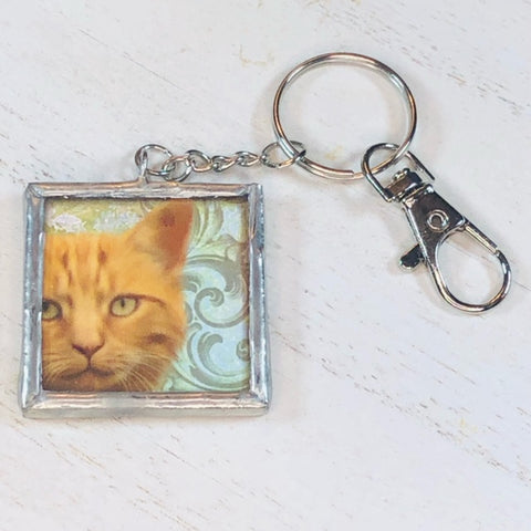 Handmade Glass and Silver Soldered Reversible Keychain - Lead Free Pewter Finish - Orange Kitty - jennrossdesigns.com