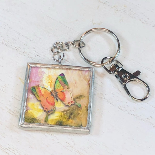 Handmade Glass and Silver Soldered Reversible Keychain - Lead Free Pewter Finish