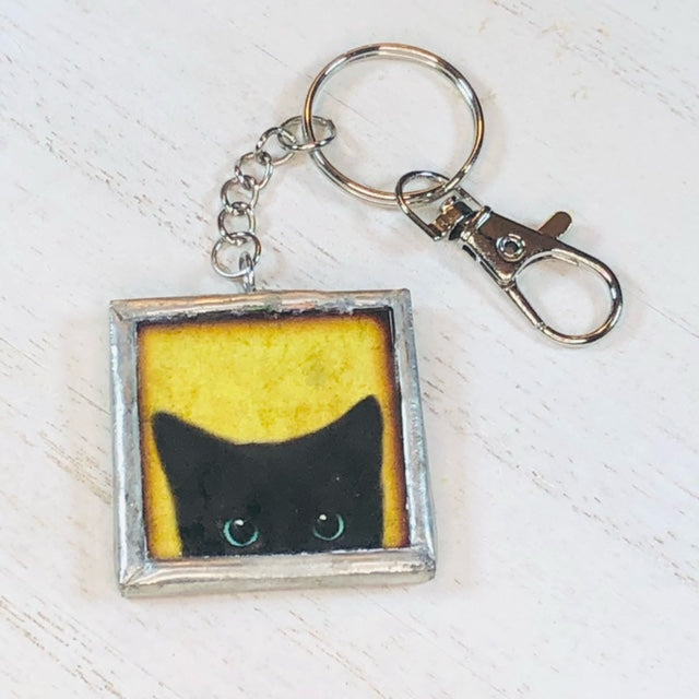 Handmade Glass and Silver Soldered Reversible Keychain - Lead Free Pewter Finish - Peekaboo Kitty - jennrossdesigns.com