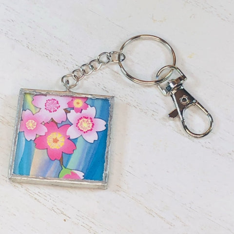Handmade Glass and Silver Soldered Reversible Keychain - Lead Free Pewter Finish - Pink Flowers