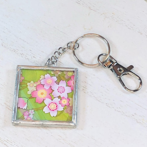 Handmade Glass and Silver Soldered Reversible Keychain - Lead Free Pewter Finish - Pink Flowers