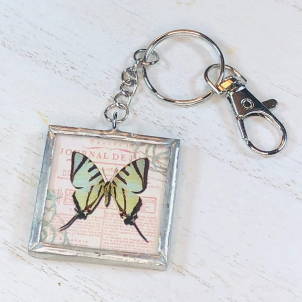 Handmade Glass and Silver Soldered Reversible Keychain - Lead Free Pewter Finish - Blue Butterfly