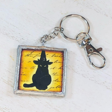 Handmade Glass and Silver Soldered Reversible Keychain - Lead Free Pewter Finish - Halloween Black Cats - jennrossdesigns.com