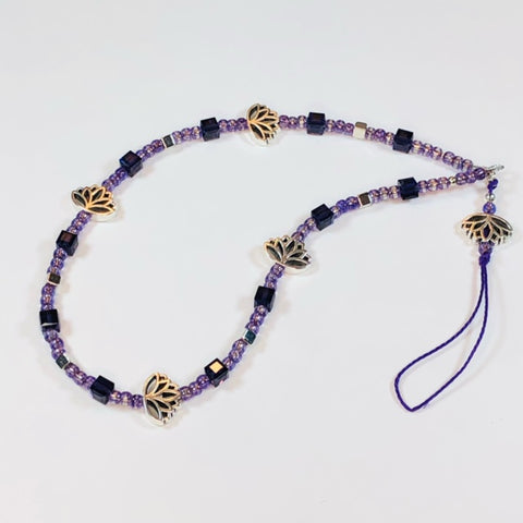 Handmade Mobile Phone Strap Charm - Purple Crystals and Glass Beads with Lotus Charms - jennrossdesigns.com