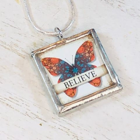 Handmade Reversible Glass and Silver Soldered Charm Pendant Necklace - 1"x 1 - Believe Butterfly - jennrossdesigns.com