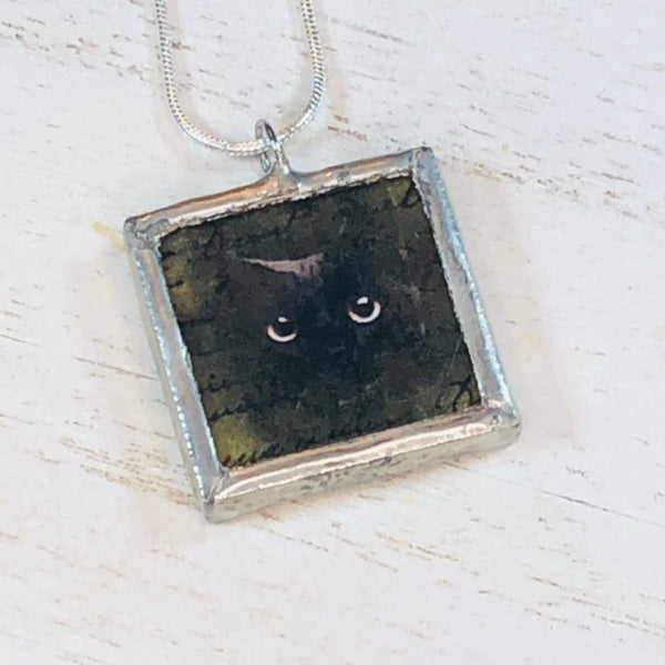 Handmade Reversible Glass and Silver Soldered Charm Pendant Necklace - 1"x 1" - Little Black Kitten