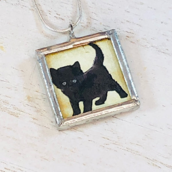 Handmade Reversible Glass and Silver Soldered Charm Pendant Necklace - 1"x 1" - Little Black Kitten - jennrossdesigns.com