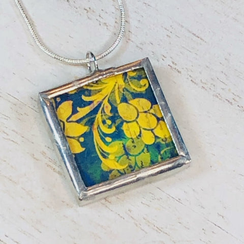 Handmade Reversible Glass and Silver Soldered Charm Pendant Necklace - 1"x 1 - Blue and Yellow Batik - jennrossdesigns.com