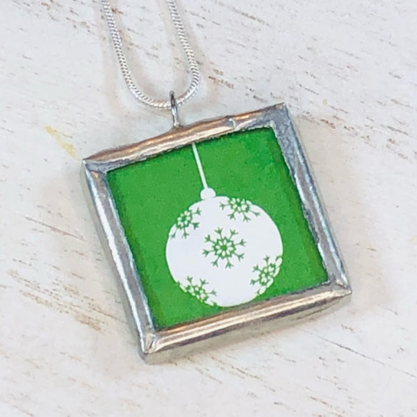 Handmade Reversible Glass and Silver Soldered Charm Pendant Necklace - 1"x 1" - Merry Christmas