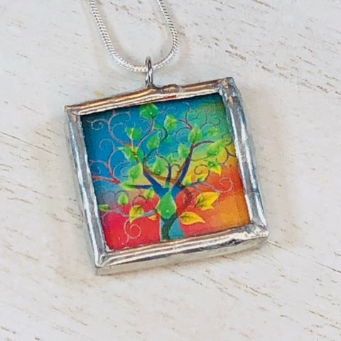 Handmade Reversible Glass and Silver Soldered Charm Pendant Necklace - 1"x 1 - Colorful Trees - jennrossdesigns.com