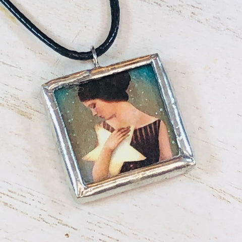 Handmade Reversible Glass and Silver Soldered Charm Pendant Necklace - 1"x 1" - Girl Clutching a Star - jennrossdesigns.com