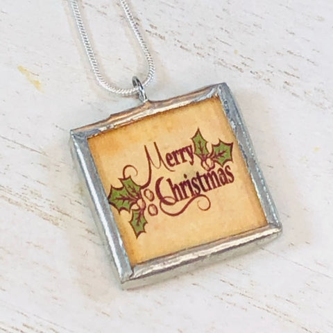 Handmade Reversible Glass and Silver Soldered Charm Pendant Necklace - 1"x 1" - Merry Christmas - jennrossdesigns.com