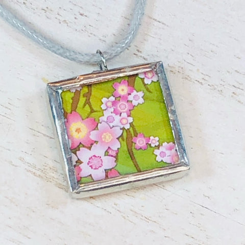 Handmade Reversible Glass and Silver Soldered Charm Pendant Necklace - 1"x 1" - Pink Flowers on Green Field - Jenn Ross Designs