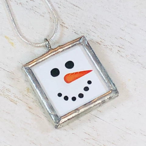 Handmade Reversible Glass and Silver Soldered Charm Pendant Necklace - 1"x 1" - Snowman Close Up - Jenn Ross Designs