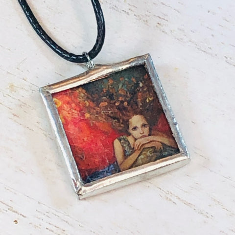 Handmade Reversible Glass and Silver Soldered Charm Pendant Necklace - 1"x 1 - Thoughtful Girl - Jenn Ross Designs