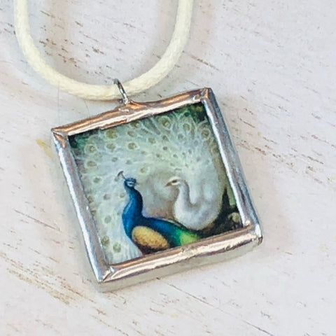 Handmade Reversible Glass and Silver Soldered Charm Pendant Necklace - 1"x 1" - Pretty Peacocks - jennrossdesigns.com