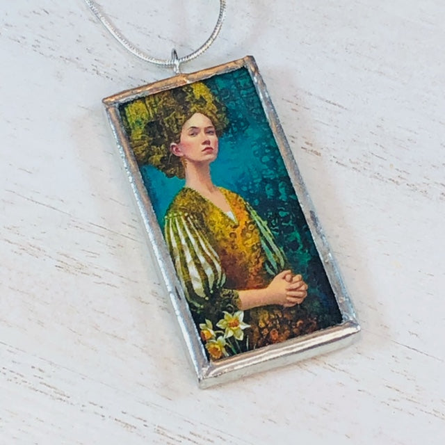 Handmade Reversible Glass and Silver Soldered Charm Pendant Necklace - 1"x 2" - Girl With Daffodils - jennrossdesigns.com