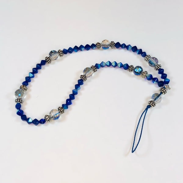 Handmade Mobile Phone Strap Charm - Deep Blue Glass and Electroplated Crystal Beads