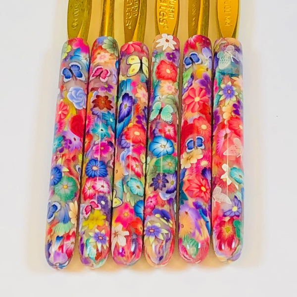 Polymer Clay Embellished Crochet Hook - Susan Bates - Size J/10 6.00mm - Multicolored Flowers and Butterflies