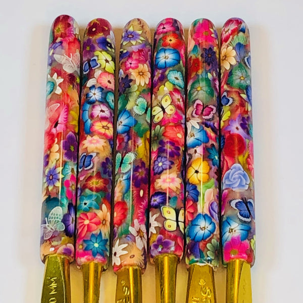 Polymer Clay Embellished Crochet Hook - Susan Bates - Size J/10 6.00mm - Multicolored Flowers and Butterflies