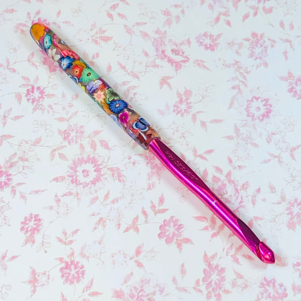 Susan Bates I/9 Polymer Clay Covered Crochet Hook - Colorful Flowers and Blue Butterflies