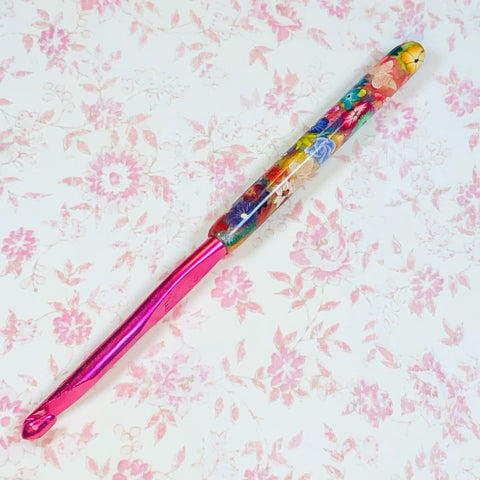 Susan Bates I/9 Polymer Clay Covered Crochet Hook - Colorful Flowers and Translucent Butterflies