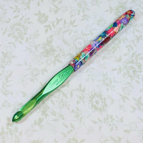 Susan Bates Size K Polymer Clay Covered Crochet Hook - Colorful Flowers & Green Butterflies