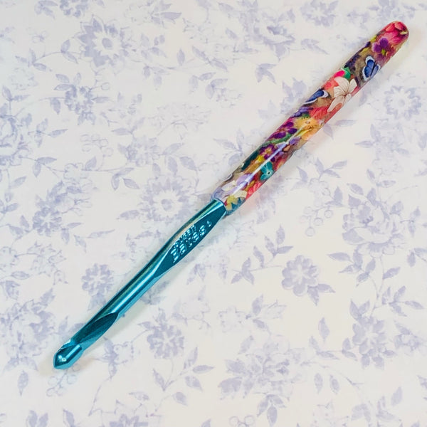 Susan Bates H/8 Polymer Clay Covered Crochet Hook - Blue Flowers and Translucent Butterflies