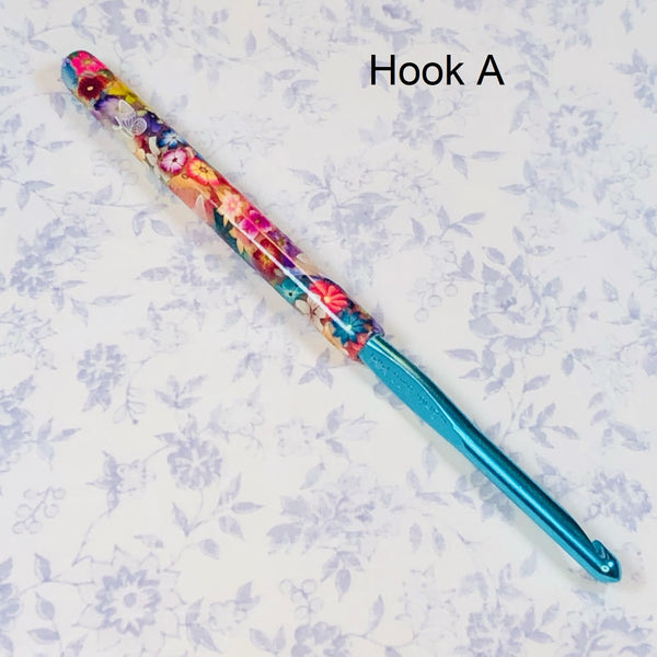 Susan Bates H/8 Polymer Clay Covered Crochet Hook - Multicolored Flowers and Translucent Butterflies