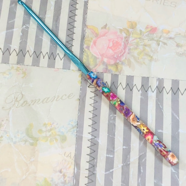 Polymer Clay Embellished Crochet Hook - Boye - Size E/4 3.50mm - Flowers and Blue Butterflies