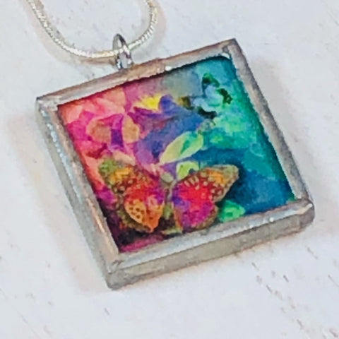 Handmade Reversible Glass and Silver Soldered Pendant - 1"x 1" - Brilliant Butterflies